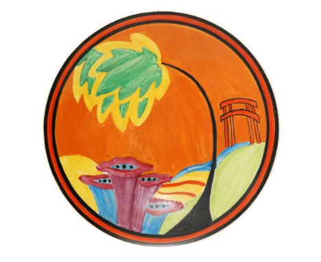 Clarice Cliff - Applique Monsoon - A dish form plate circa 1931 hand painted with a stylised landscape with a Japanese style 