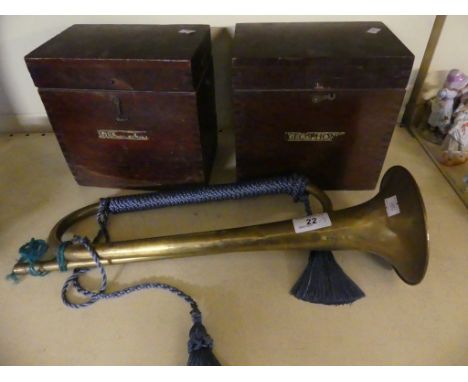 A mixed lot comprising two vintage wooden boxes marked Gecophone together with a further brass bugle (3)