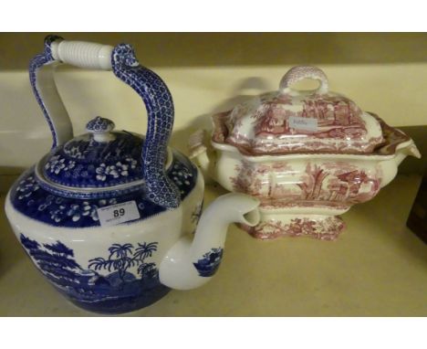 A Copeland Spode Tower pattern kettle together with a Masons patent Ironstone soup tureen plus further mixed ceramics