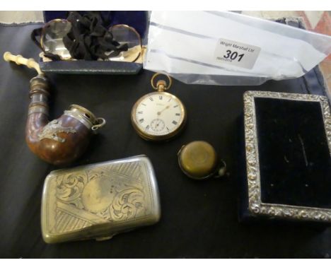 A mixed lot comprising gold plated pocket watch, base metal coin case, silver plated cigarette case, cased vintage spectacles