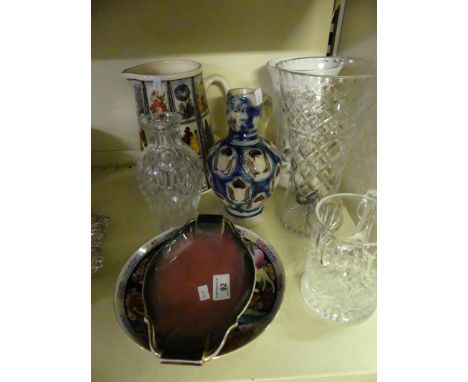 A collection of mixed wares to include cut glass vases, Carltonware Rouge Royale tray, modern Chinese bowl, German Bellarmine