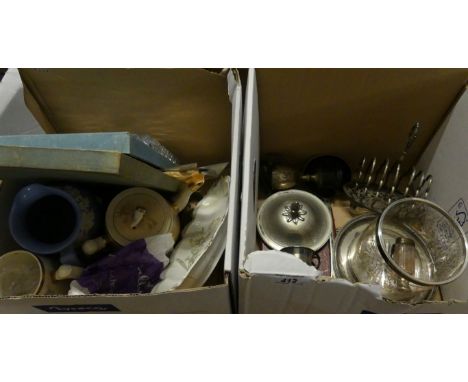 Two boxes of mixed wares to include silver-plate and glass biscuit barrel, silver plated toast rack, soup ladle, various cera