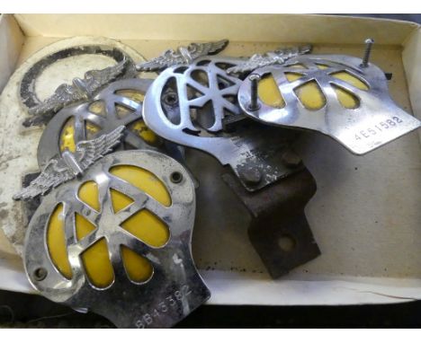 A collection of vintage AA and RAC car badges together with further GB plate
