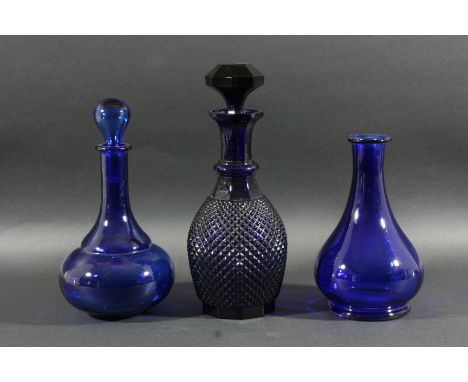 BRISTOL BLUE DECANTER AND STOPPER, mid 19th century, of mallet form with hobnail type decoration, height 31cm; together with 