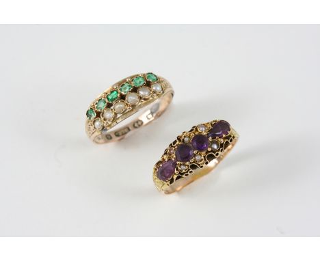 A VICTORIAN GOLD AND GEM SET RING set with a row of oval-shaped emeralds and a row of small pearls, in 9ct. gold, size J, tog