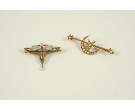 A 15CT. GOLD HALF PEARL STAR AND CRESCENT BROOCH set with graduated half pearls, 4.5cm. long, together with an enamel, pearl 