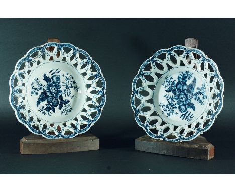 PAIR OF WORCESTER BASKETS, circa 1775, blue transfer printed in the Pine Cone Group pattern, the pierced rim with applied flo
