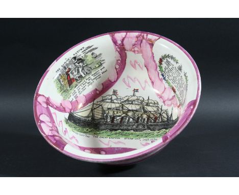 MIDDLESBRO POTTERY PINK LUSTRE FRUIT BOWL,  circa 1840, black printed and colour highlighted with a portrait of The Great Eas
