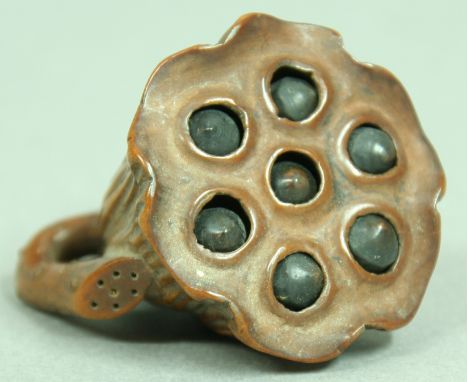 JAPANESE WOODEN NETSUKE OF A SEED POD, with loose, individually carved seeds, height 4.5cm; together with another of a double
