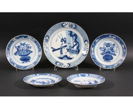 THREE CHINESE PLATES, Chenghua marks but 19th century, each blue painted with two figures, comprising a pair and a single lar