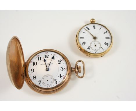 AN 18CT. GOLD OPEN FACED POCKET WATCH the white enamel dial with Roman numerals and subsidiary seconds dial, two hands missin