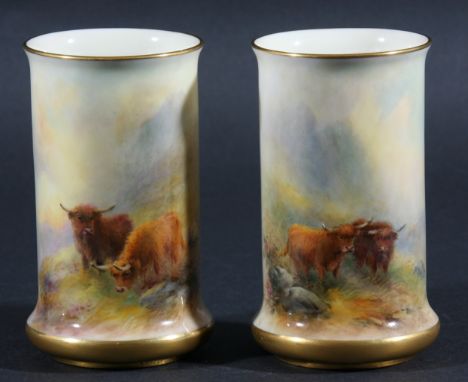 PAIR OF ROYAL WORCESTER CYLINDER VASES, by Harry Stinton, date code for 1926, model 2510, painted with highland cattle, signe