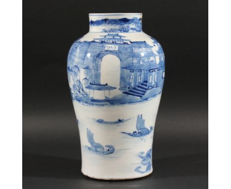 CHINESE MEIPING VASE, blue painted with a continuous lake scene with a castellated wall and gate with a pagoda beyond, blue p