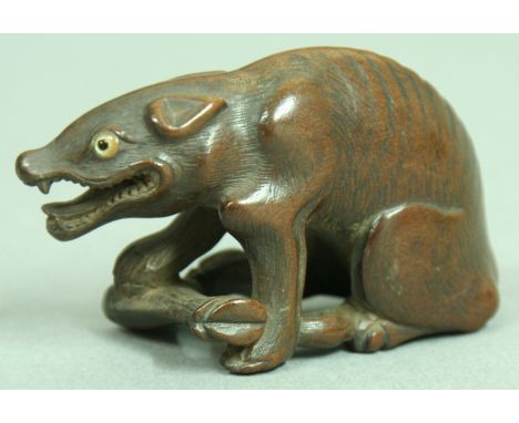 JAPANESE WOODEN NETSUKE OF A TIGER, signed, height 3cm; together with another of a hyena eating a leg and a third of a wise m