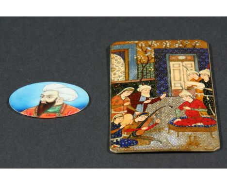 PERSIAN SCHOOL, Portrait miniature of a Mohamed, on ivory, 19th century, diameter 4cm; together with an interior scene of fig