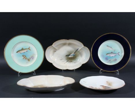 PAIR OF ROYAL WORCESTER ORNITHOLOGICAL DISHES, by Jas Stinton, date code for 1918, painted with a Jay and a Magpie, signed, p