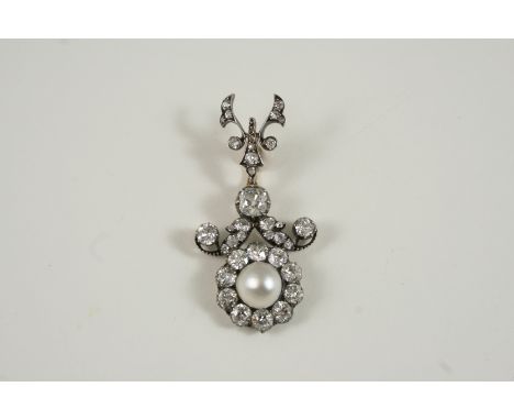 A VICTORIAN NATURAL PEARL AND DIAMOND PENDANT the foliate cluster pendant is set with graduated old brilliant-cut diamonds an