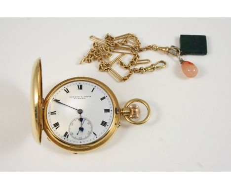 AN 18CT. GOLD HALF HUNTING CASED POCKET WATCH BY HAMILTON & INCHES, EDINBURGH the signed white enamel dial with Roman numeral