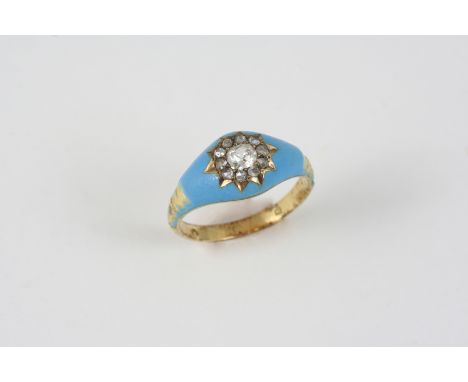A VICTORIAN DIAMOND AND ENAMEL RING centred with a cushion-shaped diamond within a surround of rose-cut diamonds,with pale bl