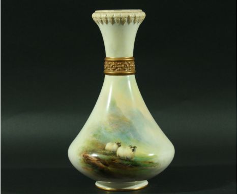 ROYAL WORCESTER VASE, by Harry Davis, date code for 1912, shape 2187, of deeply waited form painted with sheep in a highland 