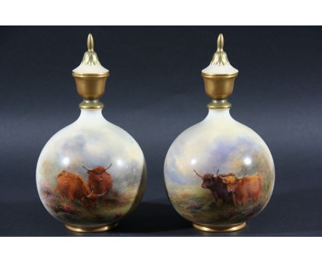 PAIR OF ROYAL WORCESTER VASES AND COVERS, by Harry and Jas Stinton, date code for 1919, model F123, of ovoid form painted wit