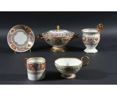 SEVRES STYLE PART SERVICE, in the Empire style, decorated with scrolling foliage and animals, comprising five coffee cans and