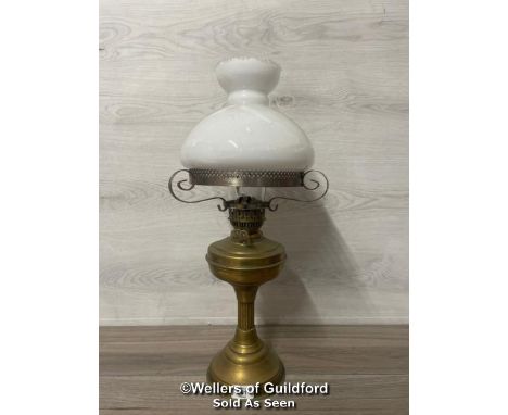 *VINTAGE OIL LAMP WITH GLASS SHADE AND CHIMNEY, 57CM HIGH