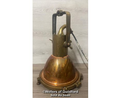 A NAUTICAL SHIPS BRASS &amp; COPPER PENDANT SEARCH LIGHT WITH GLASS AND ORIGINAL LIGHT BULB, UNTESTED,  49CM DROP, 30.5CM DIA