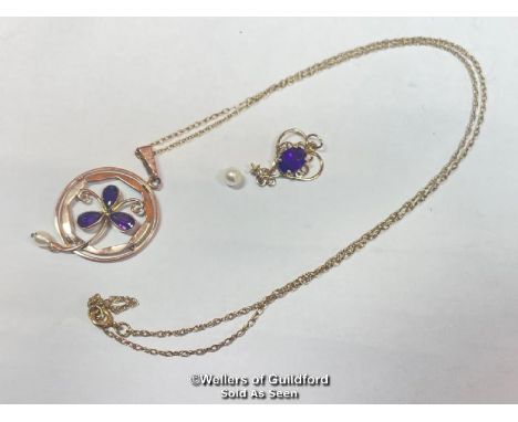 *AMETHYST AND PEARL PENDANT (LOOSE PEARL) IN YELLOW METAL NOT HALLMARKED, TESTS AS 9CT, WEIGHT 0.64G WITH ANOTHER AMETHYST AN
