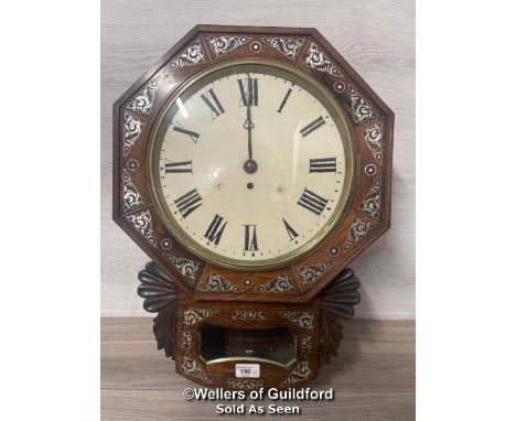 *ANTIQUE MAHOGANY DROP DIAL FUSEE WALL CLOCK CIRCA 1860'S MOTHER OF PEARL INLAID, WITH KEY, 58CM HIGH, FACE 30CM DIAMETER