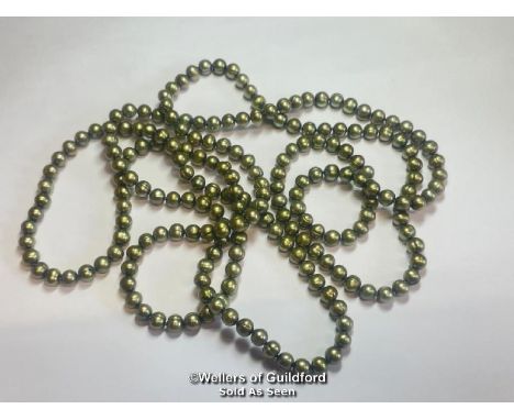 *FRESHWATER PEARL NECKLACE, DYED GREEN ALTERED FRESH WATER PEARLS STRUNG KNOTTED WITHOUT CLASP. LENTH OF NECKLACE 148CM, AVER
