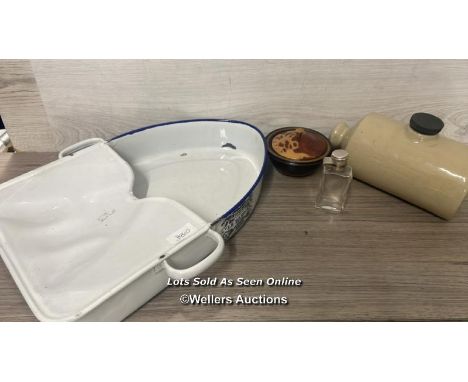 VINTAGE ENAMEL BABY BATH, CERAMIC HOT WATER BOTTLE, TRINKET BOX AND SMALL GLASS PERFUME BOTTLE 