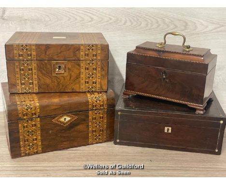 *FOUR ANTIQUE BOXES INCL. GEORGIAN MAHOGANY INLAID TEA CADDY, LOCKED WITHOUT KEY AND TWO INLAID BOXES 