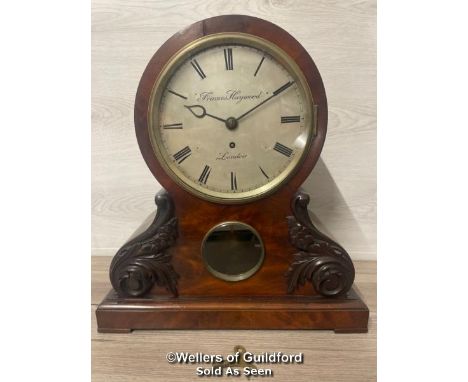 *ANTIQUE MAHOGANY SINGLE FUSEE MANTEL CLOCK BY FRANCES HAYWOOD LONDON, IN NEED OF RESTORATION, LOCK DAMAGED, WITH KEY, 44CM H