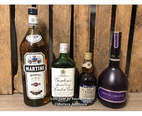 FOUR BOTTLES OF ASSORTED ALCOHOL INCL. MARTINI BIANCO, GORDON'S GIN, PHILLIPS OF BRISTOL LOVAGE &amp; CREAM LIQUEUR