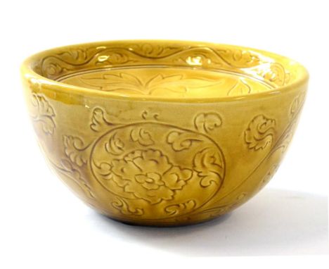 Christopher Dresser for Linthorpe Pottery: A Food Warmer, incised floral decoration covered in a mustard glaze, impressed LIN