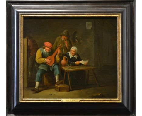 Circle of David Teniers (1610-1690) Flemish  Tavern scene with figures music making Oil on panel, 27cm by 32cm  In fully rest