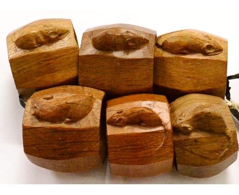 Six Robert ''Mouseman'' Thompson Oak Napkin Rings, of octagonal form, each with carved mouse signature, 4cm and 5cm 