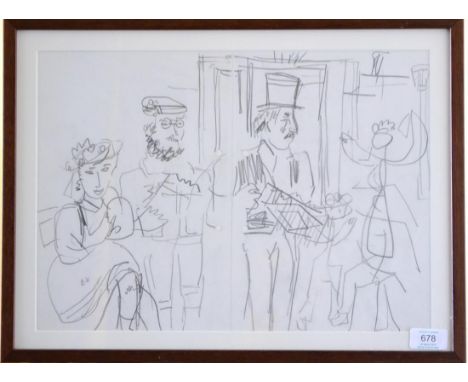 Joash Woodrow (1927-2006)  ''Musicians in Costume''  Pencil, on two conjoined hole punched sheets of paper, 28.5cm by 40cm ov