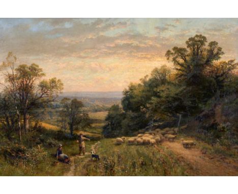 Alfred Augustus Glendenning (1840-1910) Figure droving sheep in an extensive summer landscape at dusk  Signed, oil on canvas,