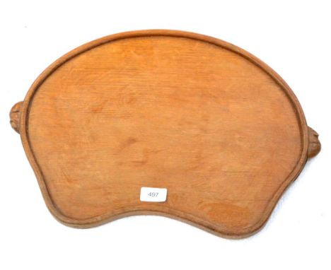 A Robert ''Mouseman'' Thompson Oak Kidney Shaped Tea Tray, with two carved mice handles, 48cm  Some light wear and surface sc