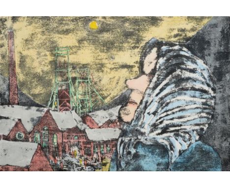 Tom McGuinness (1926-2006) Profile portrait of a lady with the colliery in the distance Bears indistinct signature, mixed med