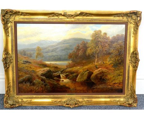 William Mellor (1851-1931)  River landscape with sheep grazing  Signed, oil on canvas, 48.5cm by 74.5cm   In restored conditi