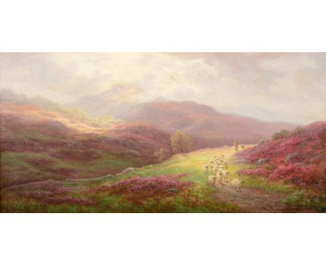 William Mellor (1851-1931) Shepherd and sheep in moorland Signed, oil on canvas, 28.5cm by 59cm   In restored condition. Re-l