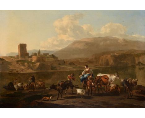 Attributed to Nicholaes Pietersz. Berchem (1620-1683) Dutch Classical landscape with figures and animals  Oil on canvas, 47.5
