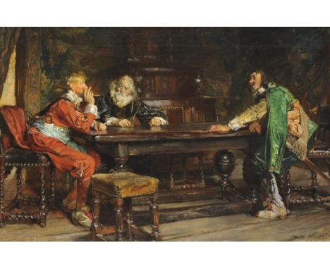 Edgar Bundy ARA (1862-1922)   Gentlemen seated in discussion around a table Signed, oil on canvas, 49cm by 64.5cm  In an over