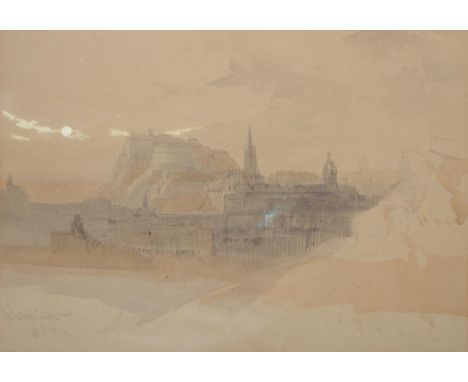 Attributed to David Roberts (1796-1864)  ''The Castle from Salisbury Crags'', Edinburgh,  Signed, inscribed and dated Octr. 4