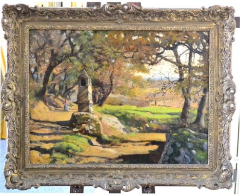 Sir Alfred East RA, RBA (1849-1913)  Figure walking through woodland  Signed, oil on canvas, 44cm by 59.5cm   Overall good, o