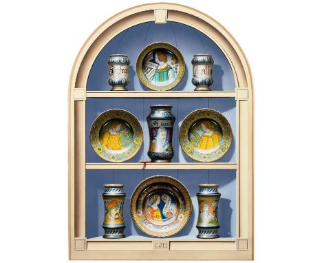 Christopher John Harrison RA (b.1945) Trompe l'oeil painting of a niche displaying Renaissance majolica plates and other vess