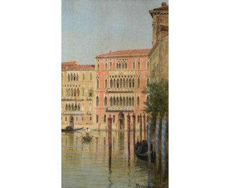 Antoinetta Brandeis (1849-1910) Austrian A gondolier before the Palazzo Ca Foscari, Venice  Signed, oil on canvas, 24cm by 14